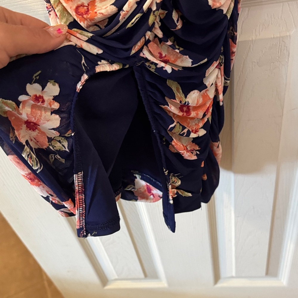 Lulu’s Springtime Bliss Navy Blue Floral Print Mesh Bodycon Mini Dress - Picture 7 of 7